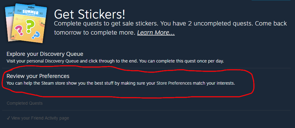 Làm thế nào để xem lại “Store Preferences” cho nhiệm vụ Steam Summer Sale Stickers?